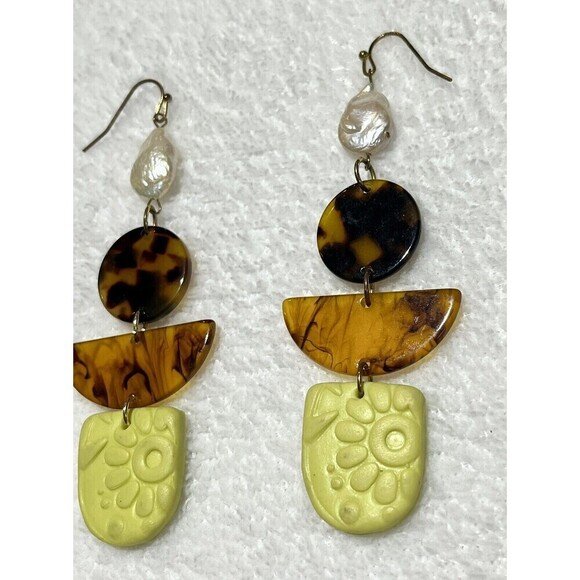 Handmade Fresh Water Pearl Tortoiseshell Polymer Clay Earrings Boho - Picture 3 of 7